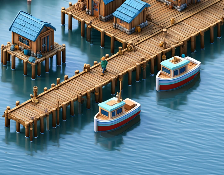 A wharf on pilings with sheds, a fisher and two boats moored in the water